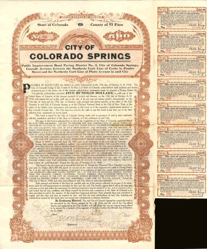 City of Colorado Springs - 1911 dated Public Improvement Bond - County of El Paso
